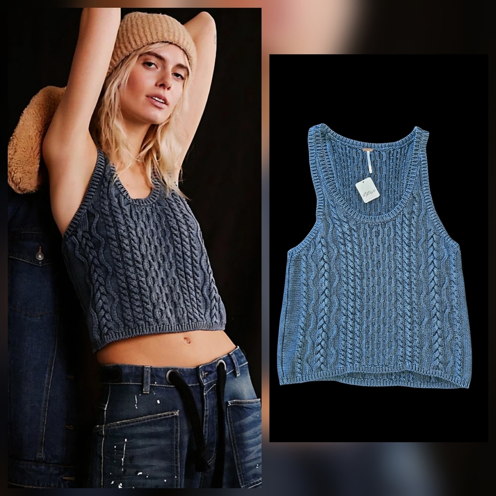 FREE PEOPLE High Tide Cable Knit Tank Top Vest Dark Denim Blue Size XL NWT